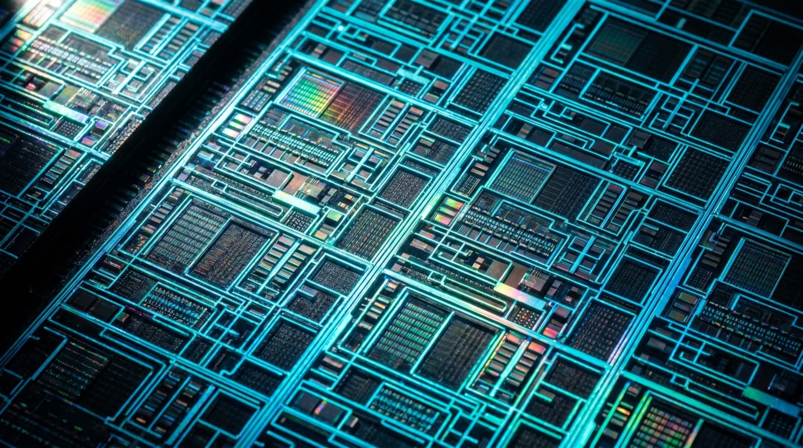 Macro of a GPU silicon die — dense metal interconnect lanes glowing cyan.