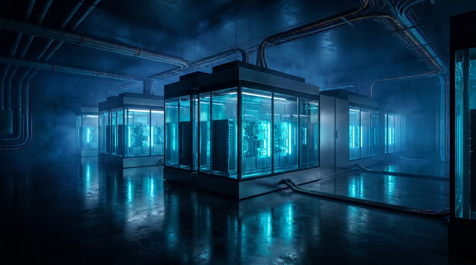 A secure sovereign AI data center — glass-enclosed GPU servers glowing cyan in a dark, isolated facility.